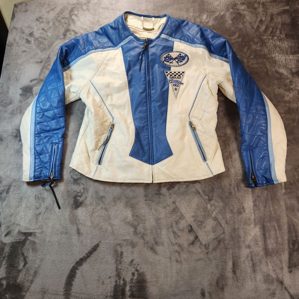 Shebang Leather Jacket Womens XL White Blue Racing Grand Prix Motorcycle Zip